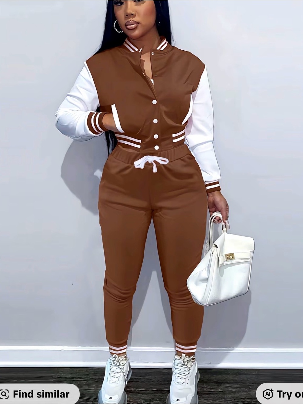 Women's Brown and White Two-Tone Bomber Jumpsuit